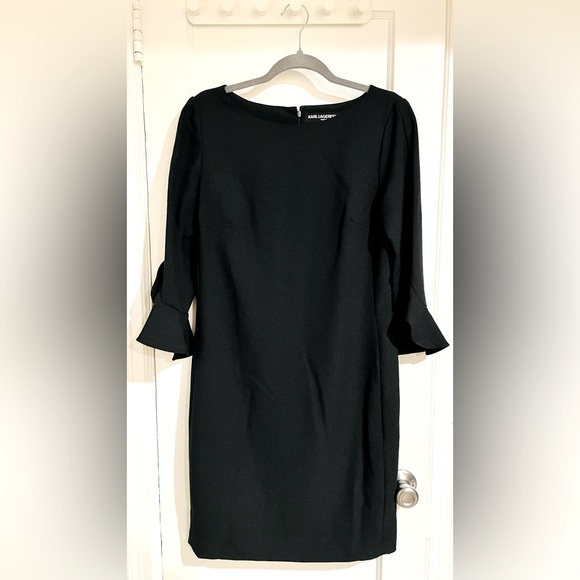 Karl Lagerfeld Dresses & Skirts - Karl Lagerfeld Black Midi Fitted Dress 3/4 Sleeve Flounce Boat Neck Size 8